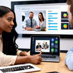 **Effective Communication:** A diverse team collaborating in a modern office. Focus on clear visuals demonstrating listening, speaking, and written communication. Include elements of technology (laptops, tablets) to reflect the digital age.