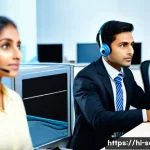 서비스관리사와 서비스 관리 성공 사례 - A modern Indian customer service center scene showing attentive staff listening carefully to diverse...