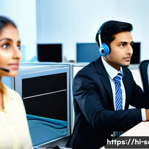서비스관리사와 서비스 관리 성공 사례 - A modern Indian customer service center scene showing attentive staff listening carefully to diverse...