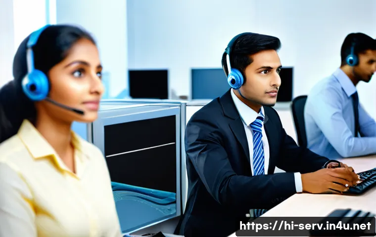 서비스관리사와 서비스 관리 성공 사례 - A modern Indian customer service center scene showing attentive staff listening carefully to diverse...