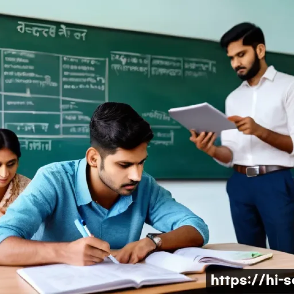 서비스관리사 중점 과목 공부법 - A professional classroom scene showing a diverse group of adult Indian students attentively studying...