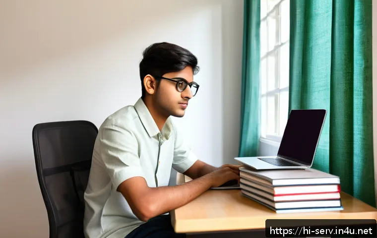 서비스관리사와 시험 접수 절차 - A focused young Indian man preparing for a competitive exam at home, sitting at a neat study desk fi...